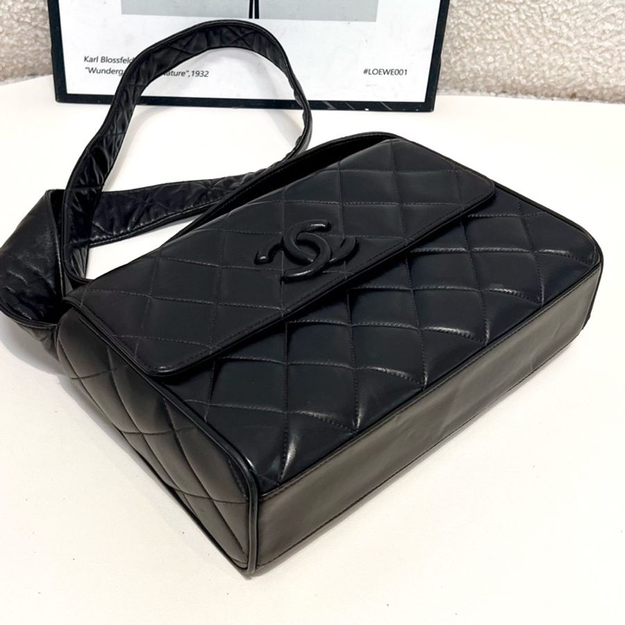 香奈兒/Chanel 黑色羊皮單肩包斜挎包 稜格紋中古包 底長26cm-2