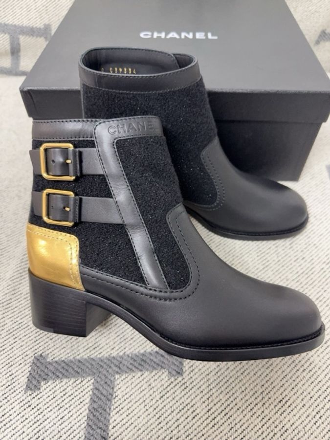 【全新品】Chanel 香奈兒員購黑金拼接切爾西靴 38碼 黑色小牛皮+金色皮革拼接-0
