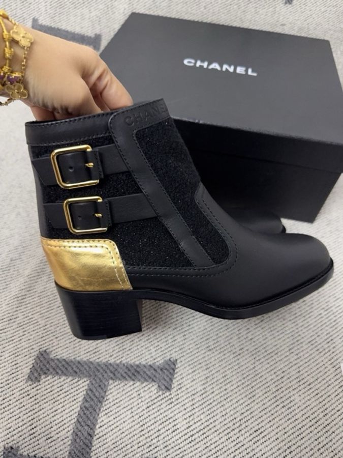 【全新品】Chanel 香奈兒員購黑金拼接切爾西靴 38碼 黑色小牛皮+金色皮革拼接-2