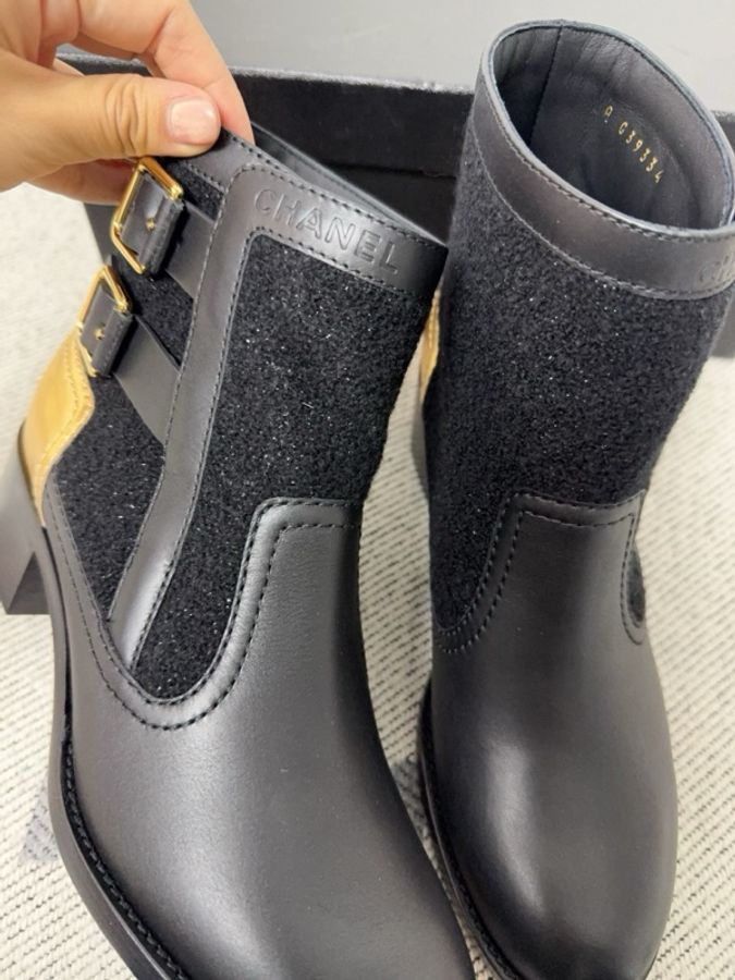【全新品】Chanel 香奈兒員購黑金拼接切爾西靴 38碼 黑色小牛皮+金色皮革拼接-3