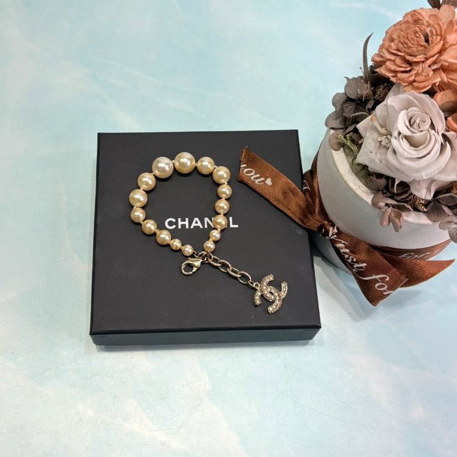 CHANEL 雙C珍珠水鑽手鍊-0