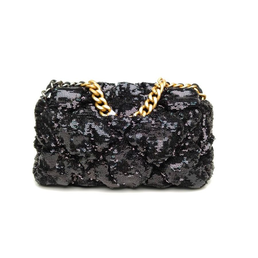 CHANEL 19BAG口蓋包小號黑色珠片30開金銀扣亮片款肩背包-2