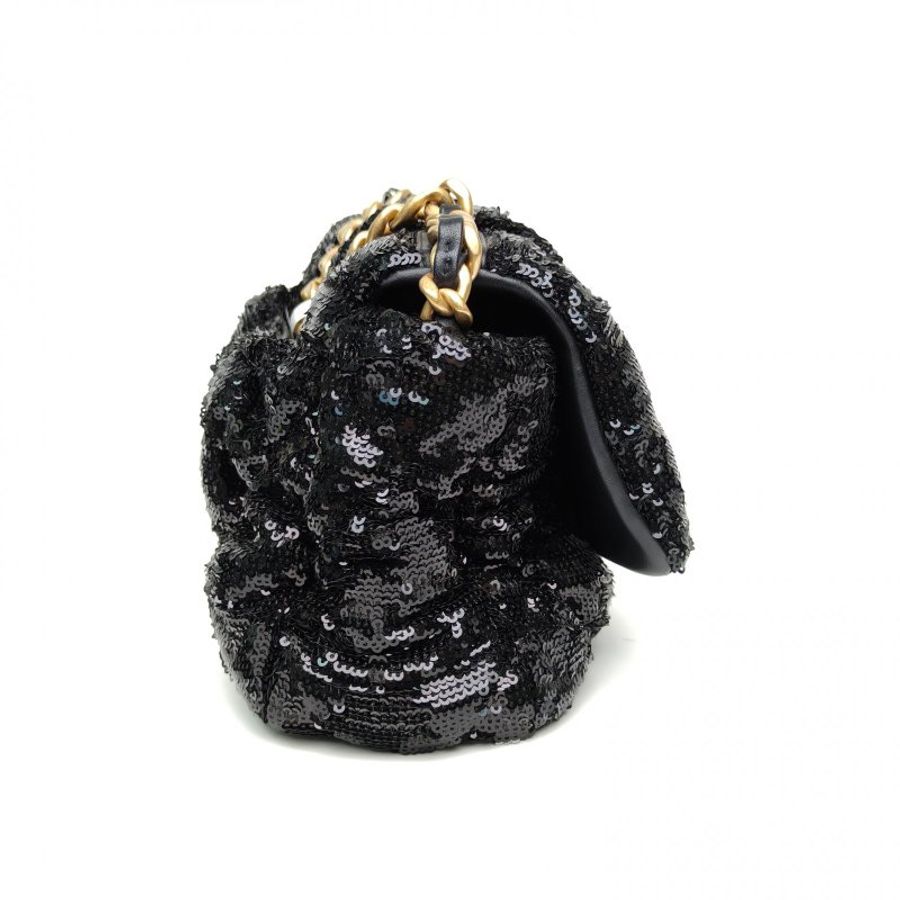 CHANEL 19BAG口蓋包小號黑色珠片30開金銀扣亮片款肩背包-3