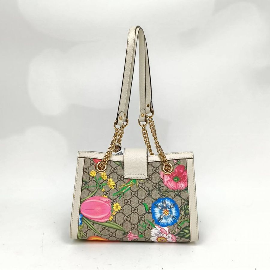 GUCCI Padlock鎖頭包Tote小號花卉印花白色PVC金扣肩背包-2