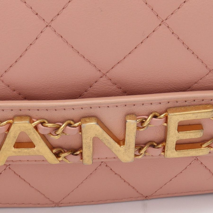 香奈兒 (CHANEL) 絎縫logo鏈條肩背包 AS4190 羊皮粉紅 二手 金色五金-6