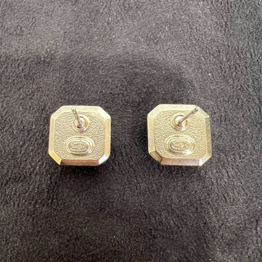 CHANEL 銀方形雙C水鑽耳環-1