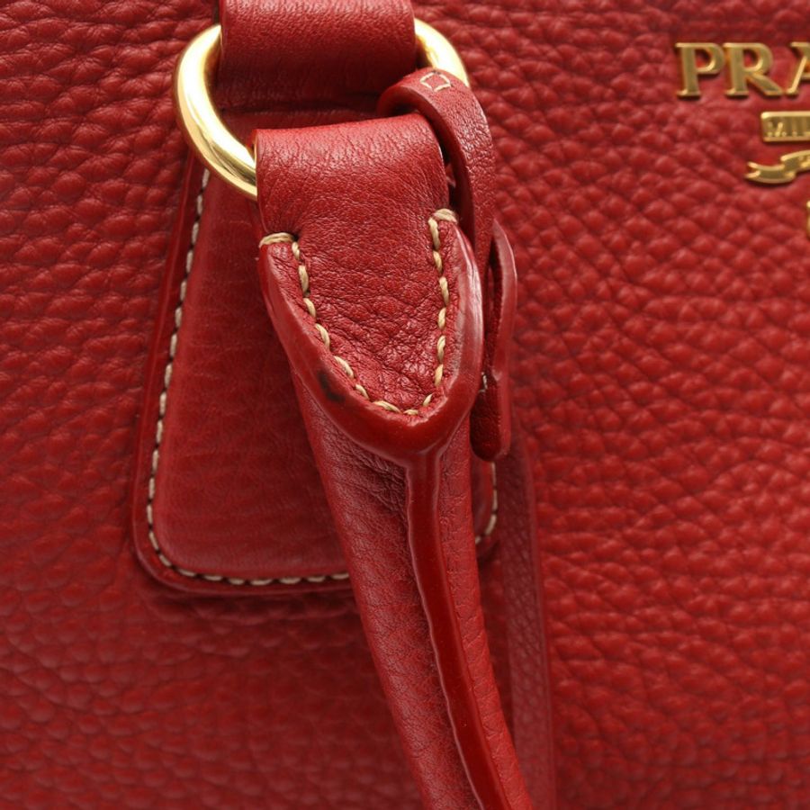 PRADA 標誌拉鍊手提包,紅色皮革,金色五金,二手女款-6