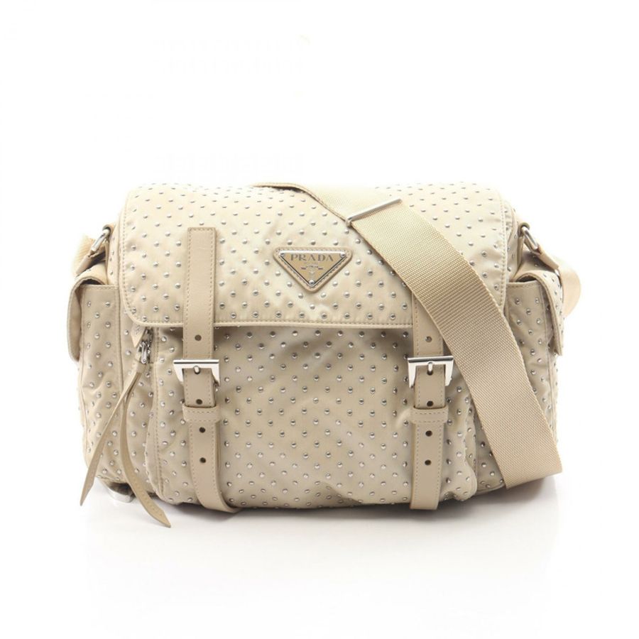 PRADA Re-Nylon 鉚釘肩斜背包 尼龍皮革 米色 二手 女士-0