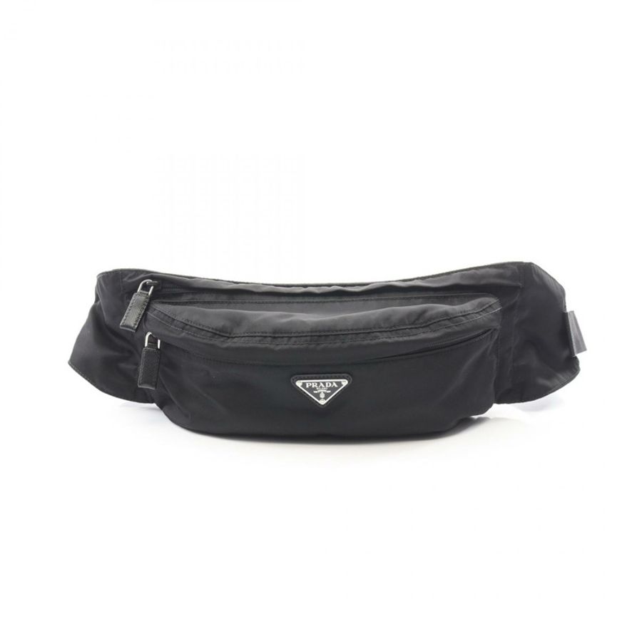 PRADA 三角形 logo 腰帶斜背包 尼龍 Saffiano 皮革 黑色 二手-0