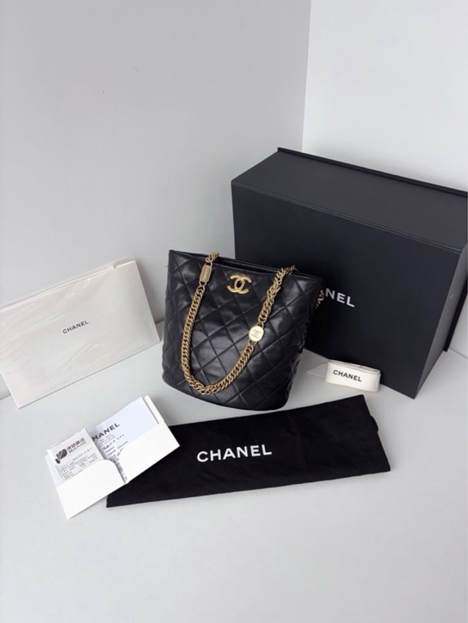💎Chanel香奈兒｜23c黑金琺瑯徽章鏈條Hobo水桶包｜99新芯片款全配-2