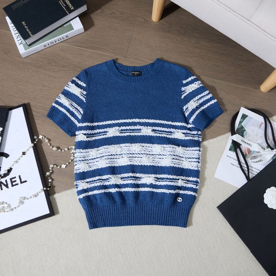 CHANEL 藍白流蘇條紋短袖Top Size36-0