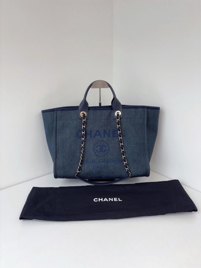 💎Chanel香奈兒|深牛仔字母帆布沙灘包鏈條tote包|99新30開局部有膜-1