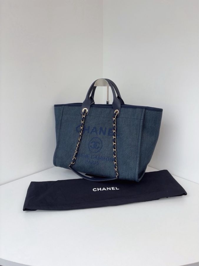 💎Chanel香奈兒|深牛仔字母帆布沙灘包鏈條tote包|99新30開局部有膜-3