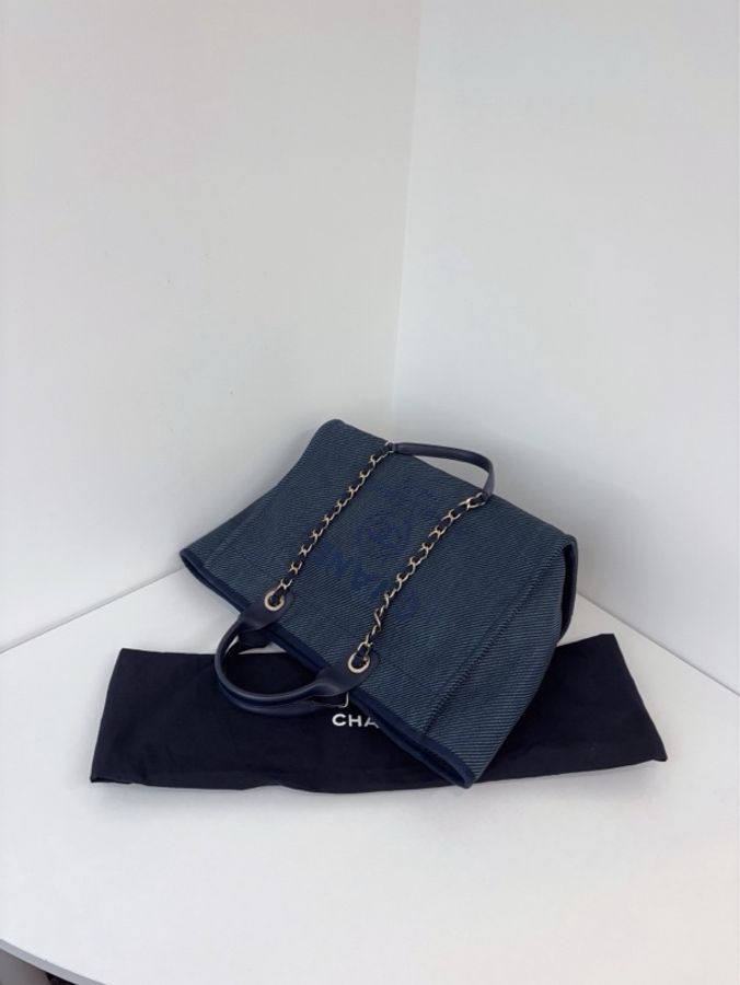 💎Chanel香奈兒|深牛仔字母帆布沙灘包鏈條tote包|99新30開局部有膜-5