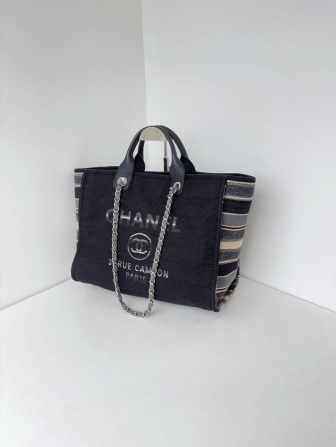 💎Chanel香奈兒|條紋logo手柄款沙灘包|98新26開-6