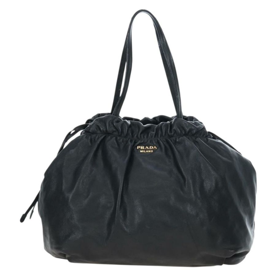 【日本直送】PRADA 側邊絲帶手提包 皮革 黑色 金色 BR4240 正品 am12234V-1