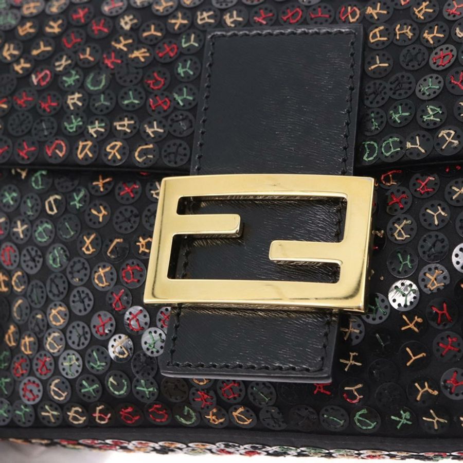 【日本直送】FENDI Mamma Baguette 單肩包,尼龍材質,亮片裝飾,棕色/金色雙肩背法,正品編號 196362SM-14