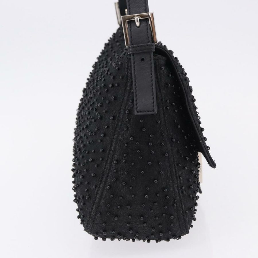 【日本直送】FENDI Mamma Baguette 手提包,皮革串珠,黑色銀色,8BR001,正品,yk20665SAM-3