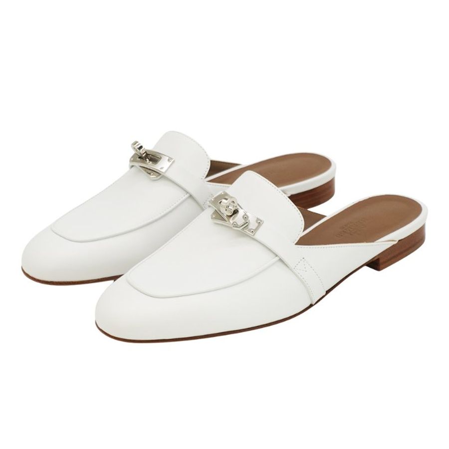 Hermes 展示品 Oz Kelly 銀釦牛皮穆勒鞋#37.5(92白)-0