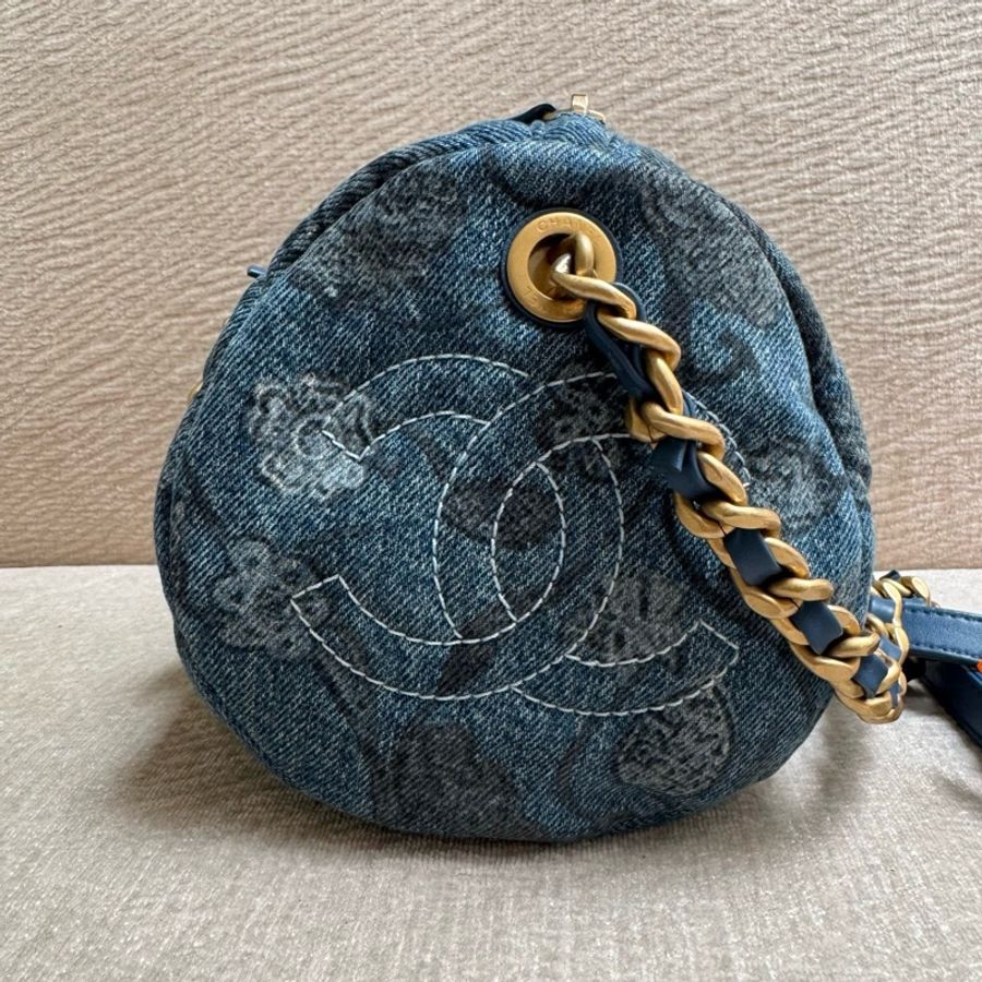CHANEL香奈兒 鏈條印花牛仔布 保齡球包手提包單肩包斜挎包-5