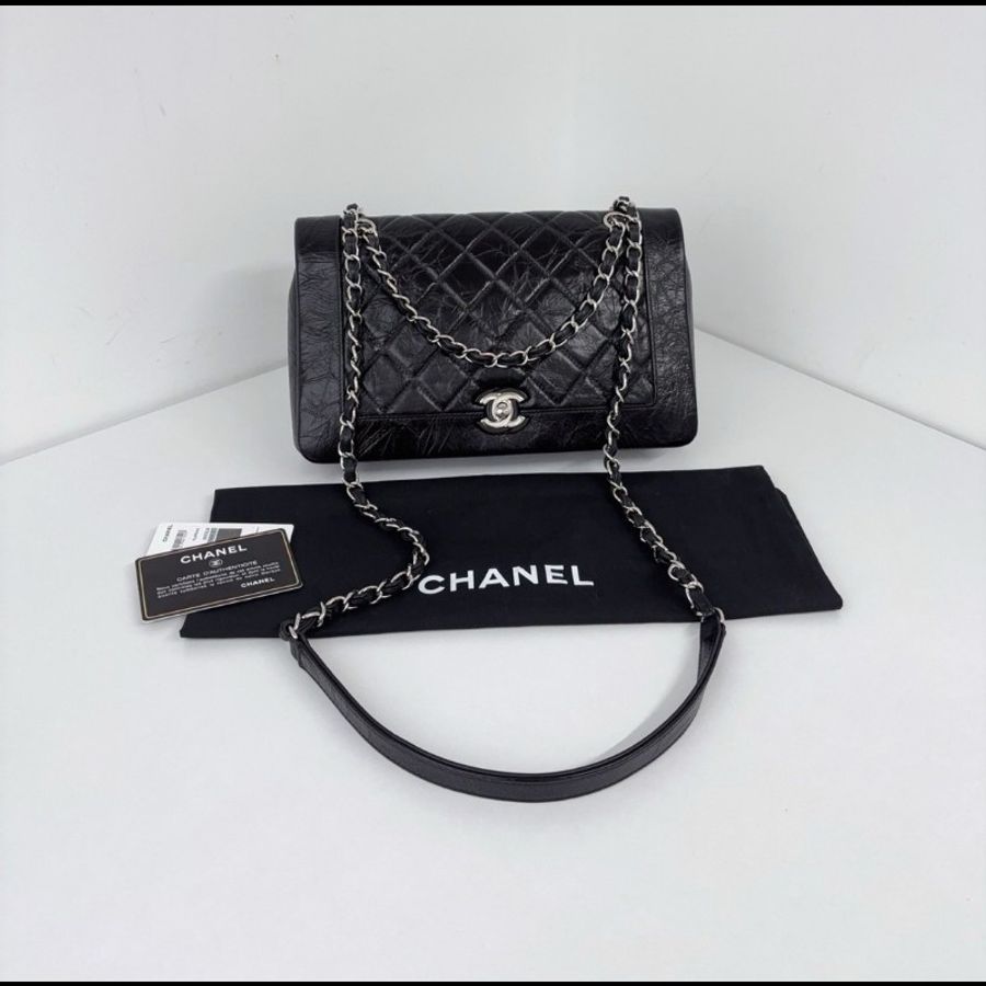 Chanel香奈兒 黑銀油蠟皮口蓋包 98新✨️-0
