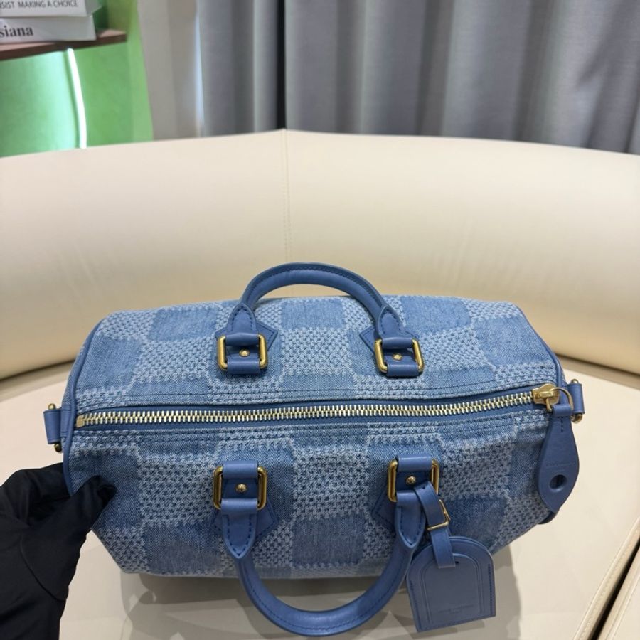 LV路易威登 speedy30藍色牛仔丹寧棋盤格手提包斜挎包 芯片-4