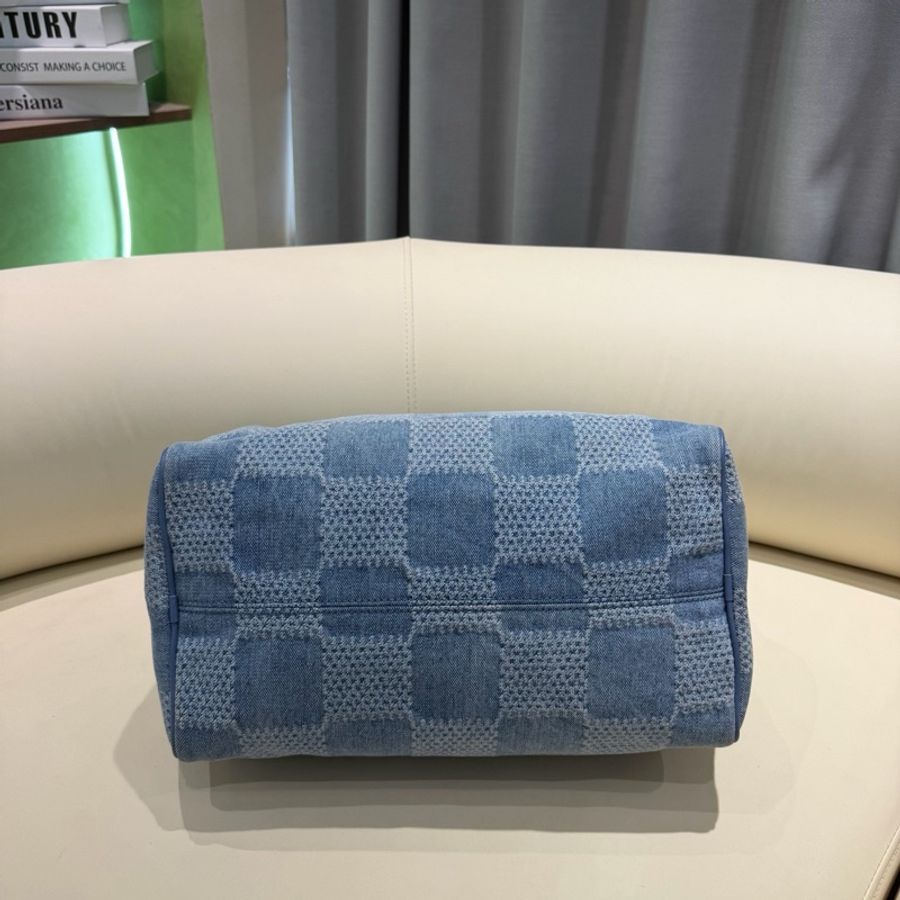 LV路易威登 speedy30藍色牛仔丹寧棋盤格手提包斜挎包 芯片-5