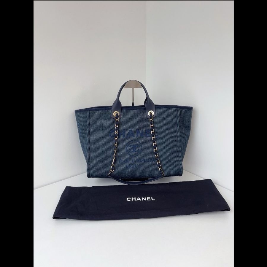 Chanel香奈兒 深牛仔字母帆布沙灘包鏈條tote包 99新✨️-1