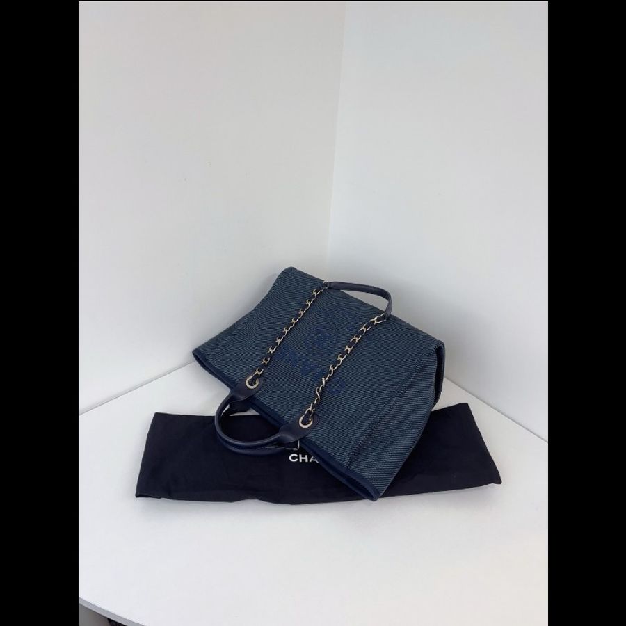 Chanel香奈兒 深牛仔字母帆布沙灘包鏈條tote包 99新✨️-4