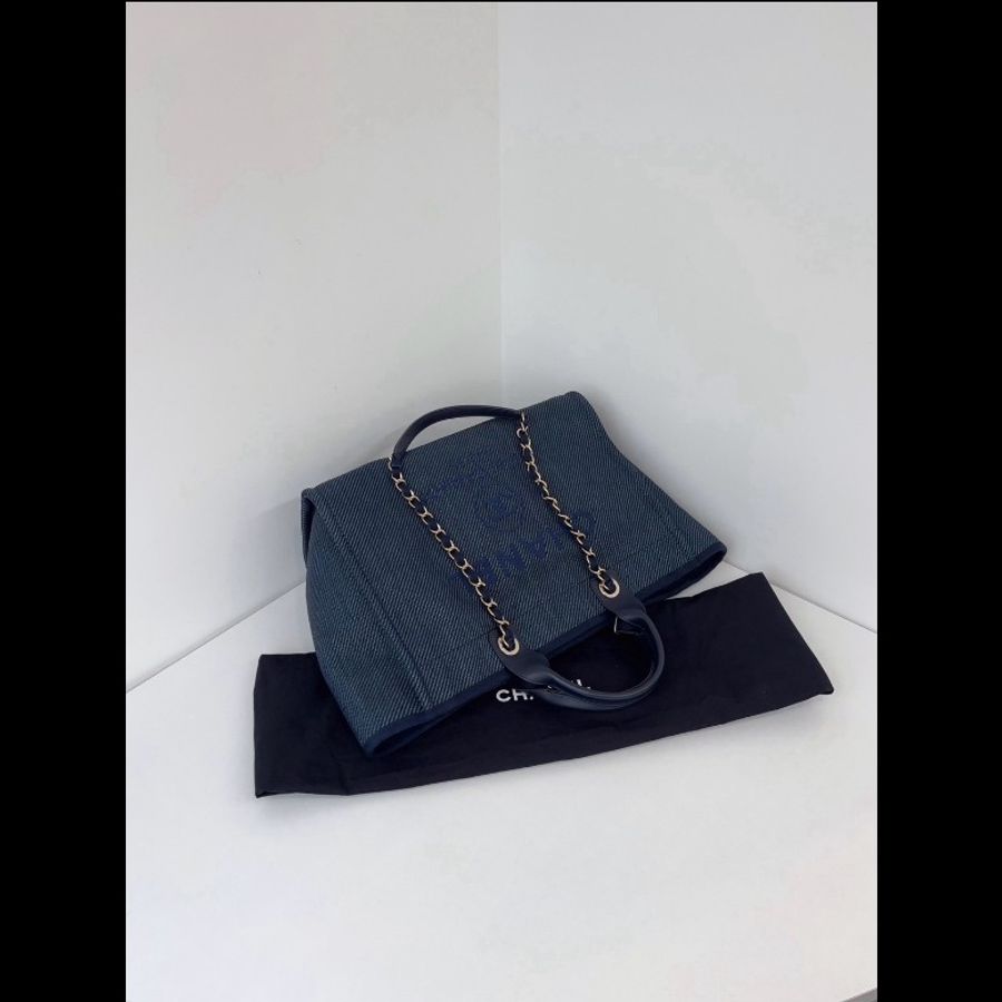 Chanel香奈兒 深牛仔字母帆布沙灘包鏈條tote包 99新✨️-5