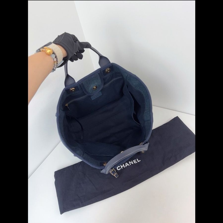 Chanel香奈兒 深牛仔字母帆布沙灘包鏈條tote包 99新✨️-7