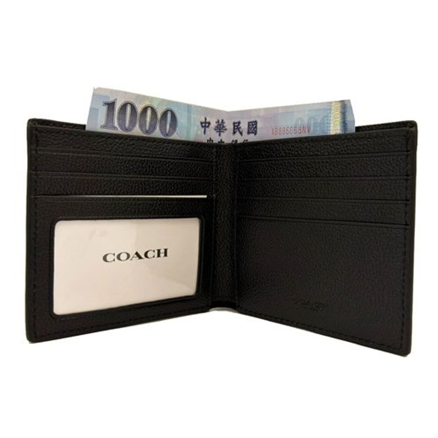【COACH】2026新款素面牛皮照片6卡男款短夾(黑)-4