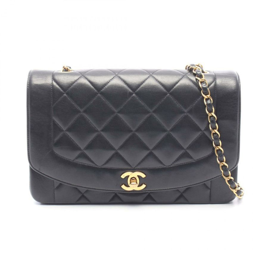 香奈兒 (CHANEL) 絎縫 Diana 翻蓋鏈條肩背斜挎包,羊皮材質,黑色,二手,金色五金-0