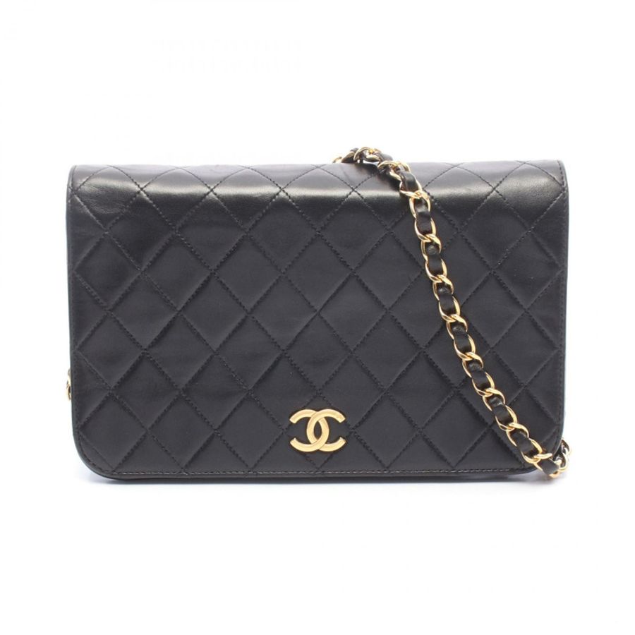 香奈兒 (CHANEL) 絎縫全翻蓋鏈條單肩包,羊皮材質,黑色,二手,女士款,金色五金-0