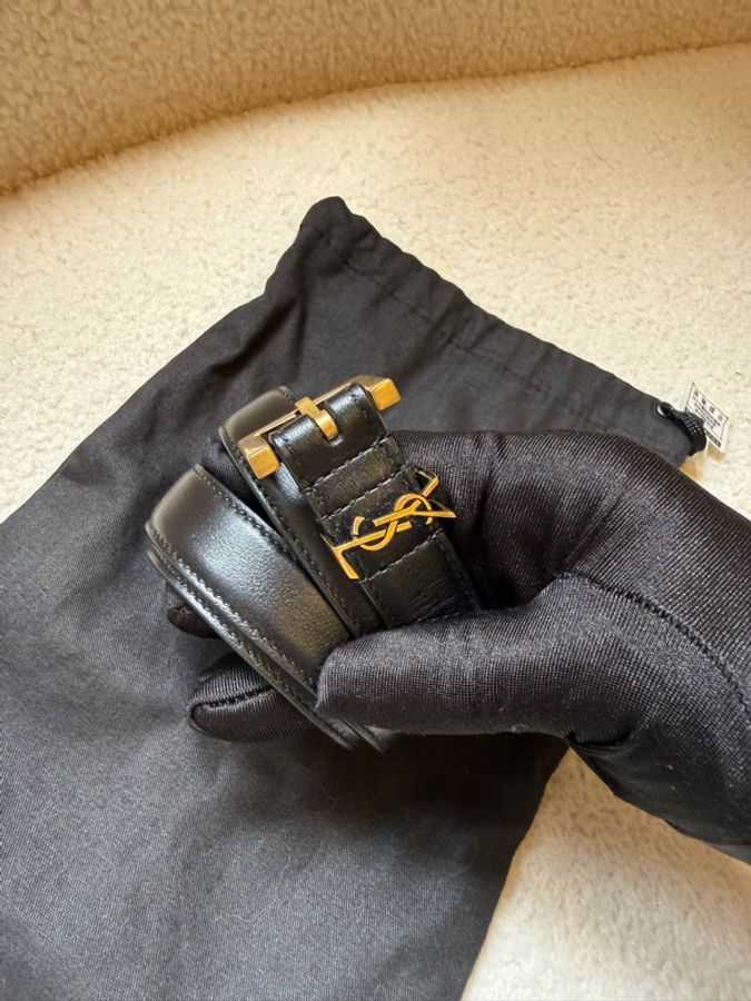 YSL女士皮帶腰帶 尺碼75碼,寬2cm / Saint Laurent 黑色聖羅蘭MONOGRAM光面方扣窄腰帶-1