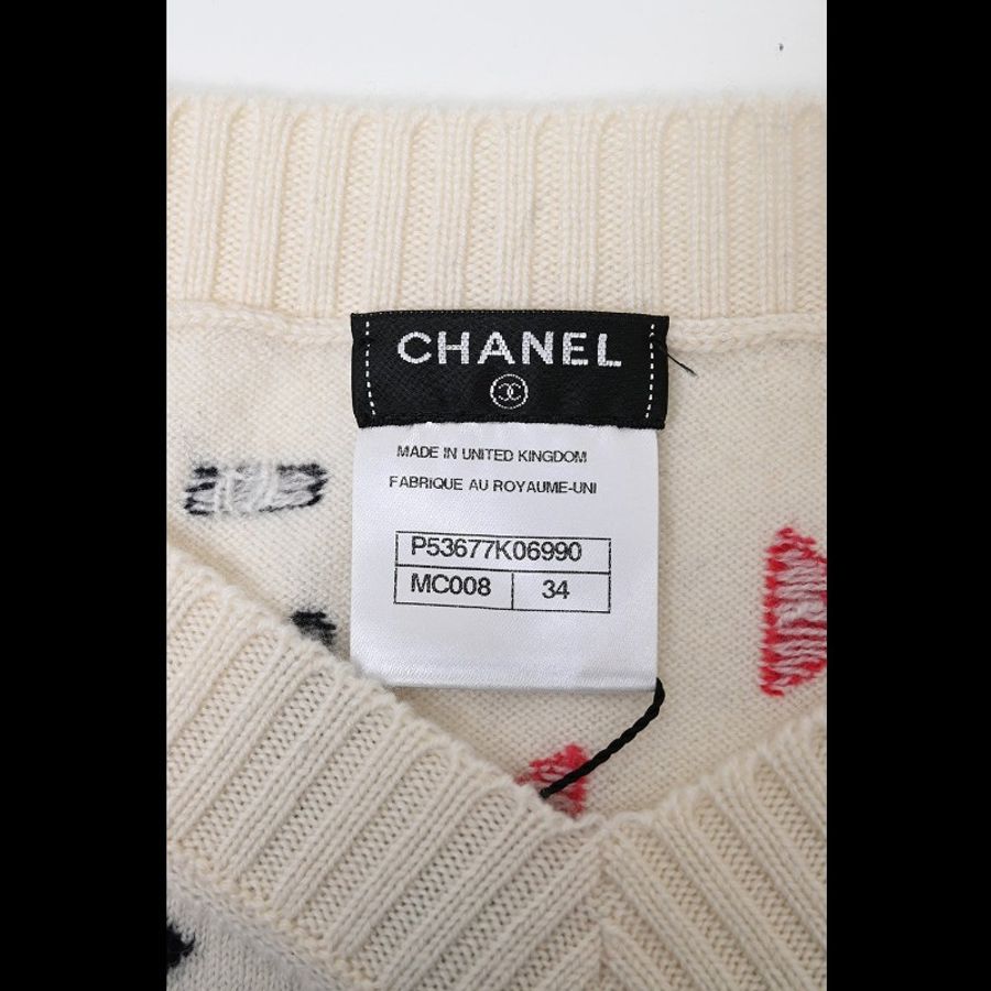 Chanel 16年米白色山羊绒几何图案针织V领背心马甲上衣-9