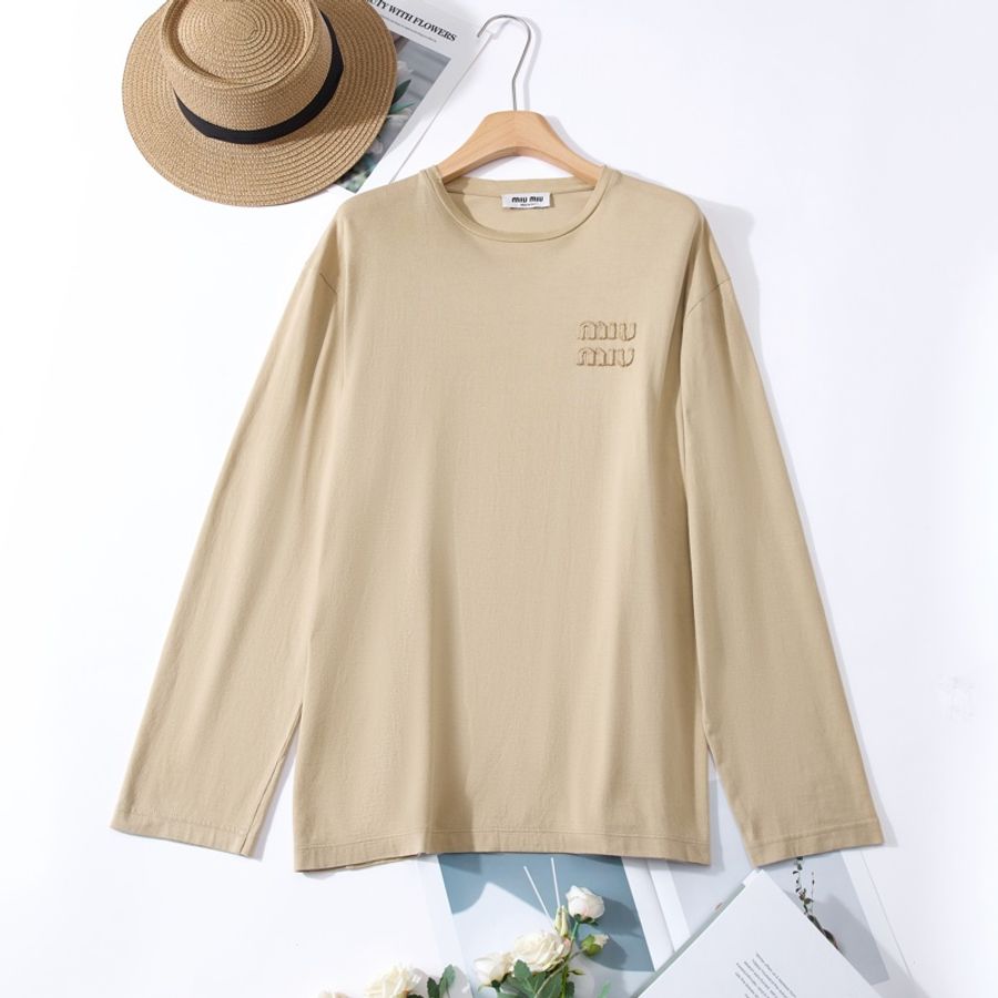 MIU MIU 卡其色立體浮雕logo長袖上衣 SizeM-0