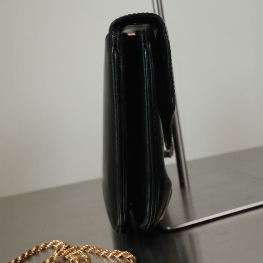CELINE Vintage 1980s 思琳 凱旋門鎖扣 黑色小牛皮繩紋金鍊包-7