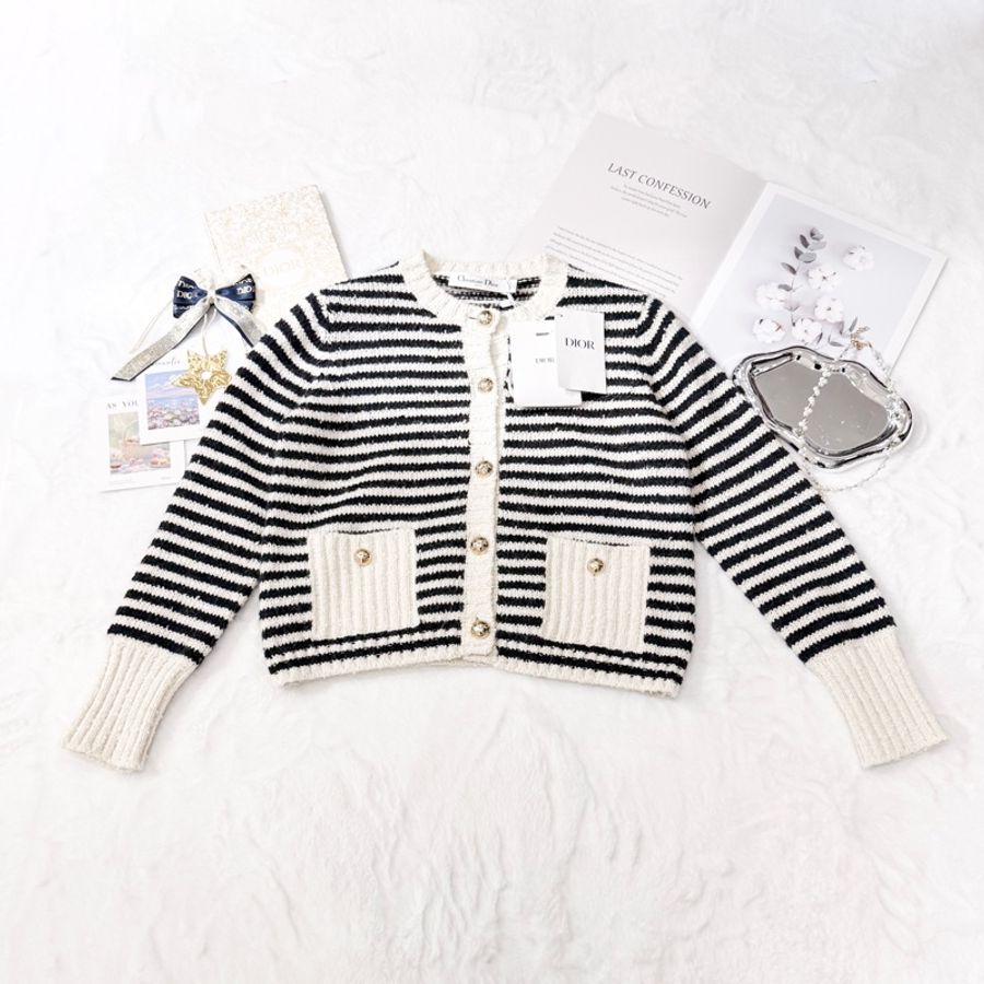 Dior Cardigan 黑白條紋金扣針織開衫-0