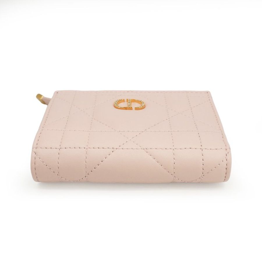 Dior Caro Dahlia 籐格紋羊皮水鑽logo對開釦式短夾(S4208-粉)-3