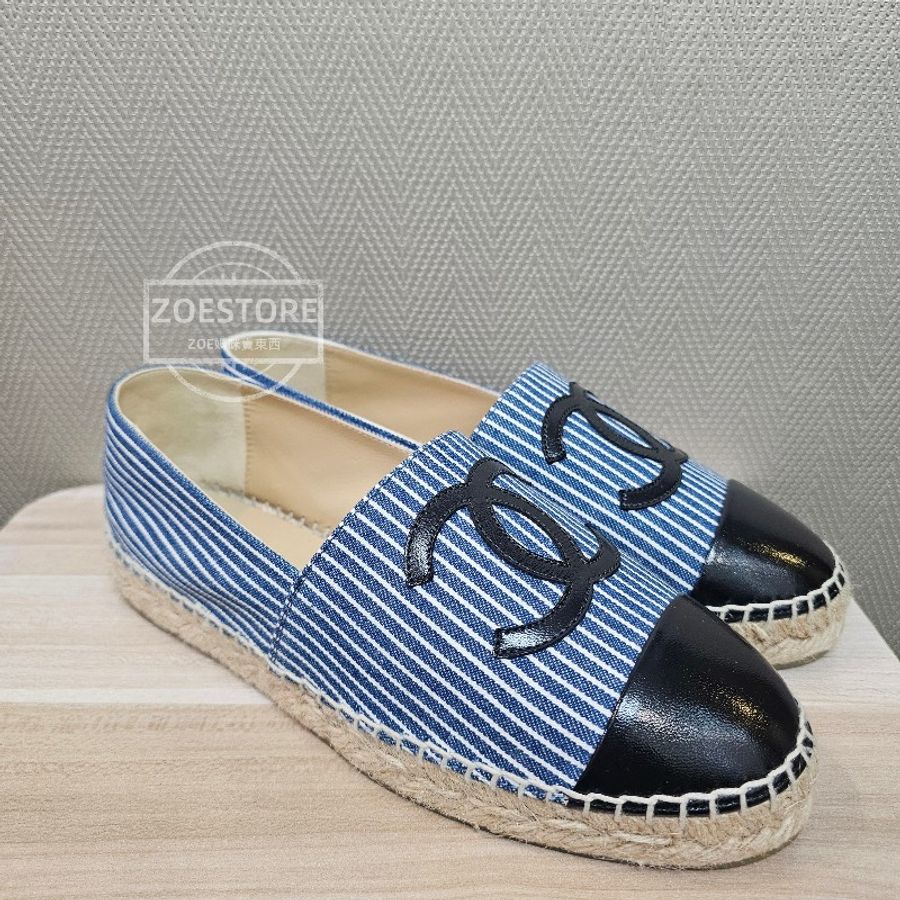Chanel 藍白條紋帆布拼亮面皮革 37號 平底鞋 漁夫鞋 鉛筆鞋-3