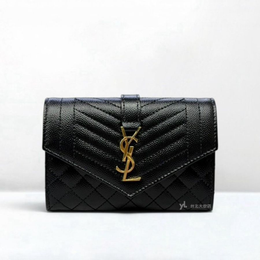 A13469-YSL 黑色粒紋牛皮山形拚菱格紋口蓋4卡零錢包651026-0