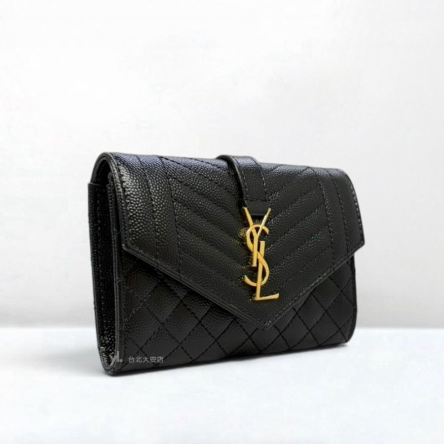 A13469-YSL 黑色粒紋牛皮山形拚菱格紋口蓋4卡零錢包651026-1