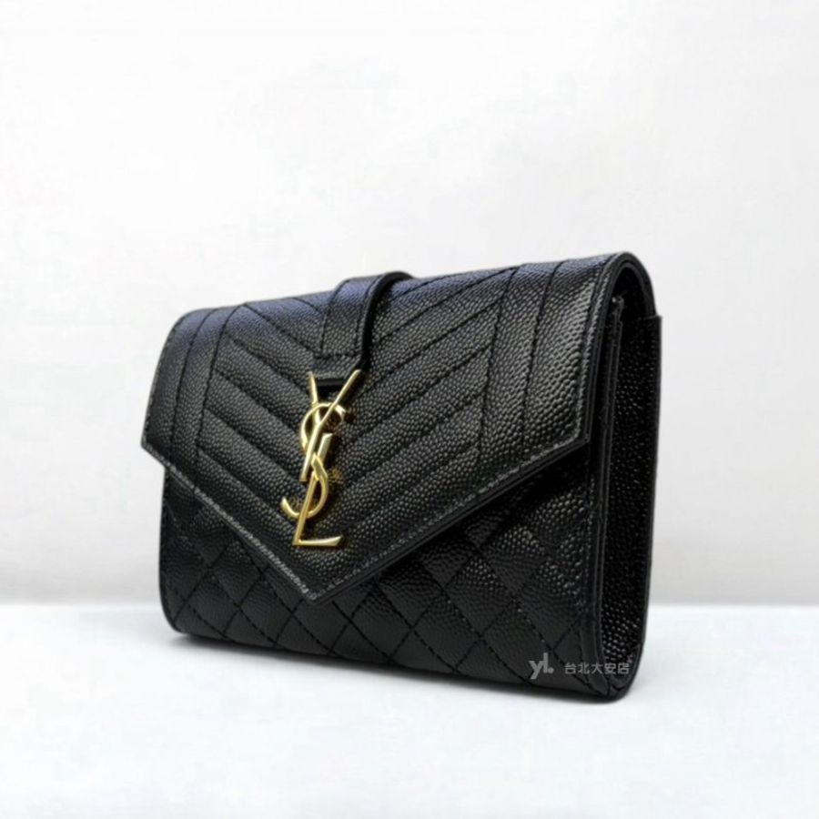 A13469-YSL 黑色粒紋牛皮山形拚菱格紋口蓋4卡零錢包651026-2