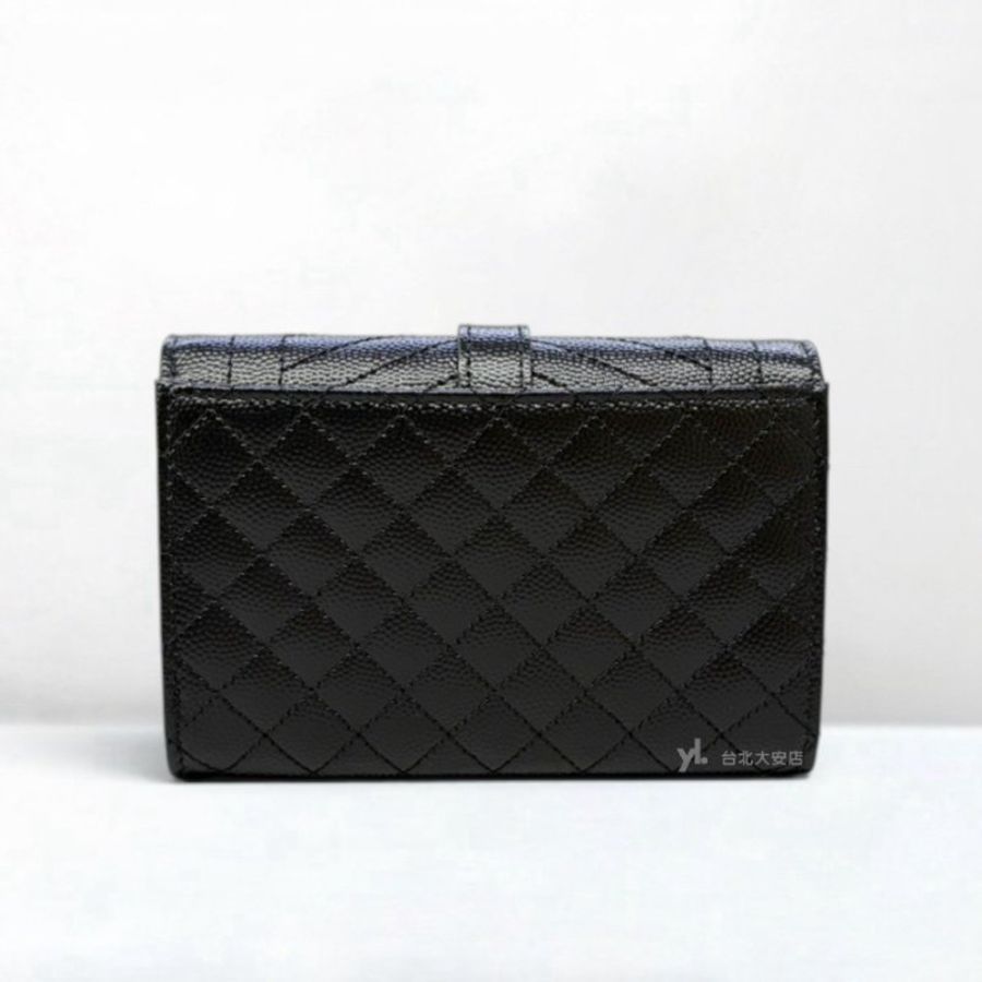 A13469-YSL 黑色粒紋牛皮山形拚菱格紋口蓋4卡零錢包651026-3