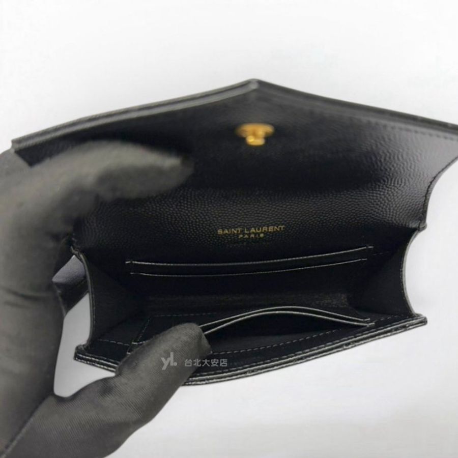 A13469-YSL 黑色粒紋牛皮山形拚菱格紋口蓋4卡零錢包651026-5
