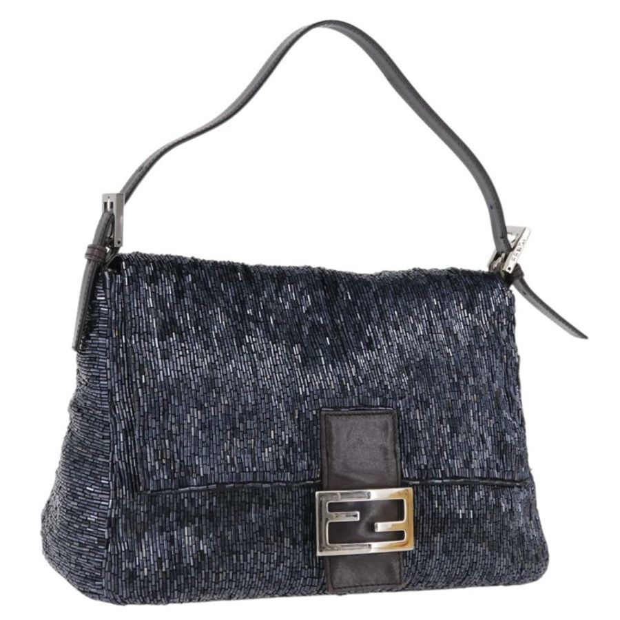【日本直送】FENDI Mamma Baguette 單肩包 串珠 海軍藍 銀色 正品 yk20696SAM-0