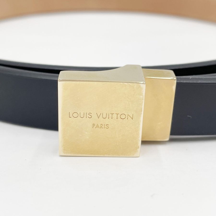 Louis Vuitton LV 黑色細款方形金扣牛皮女士腰帶-7