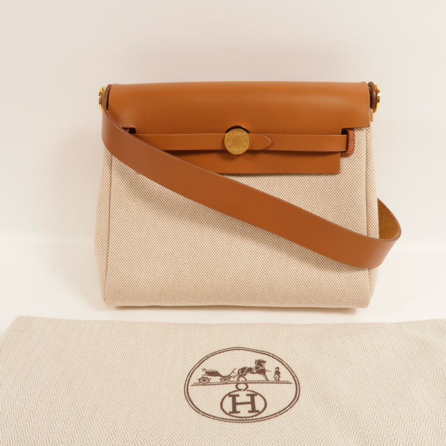 HERMES 帆布Mini Herbag肩背袋Gold/Beige-10