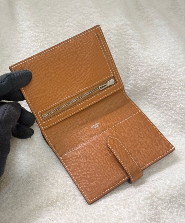 Hermes Bearn 短夾 金棕銀釦-5